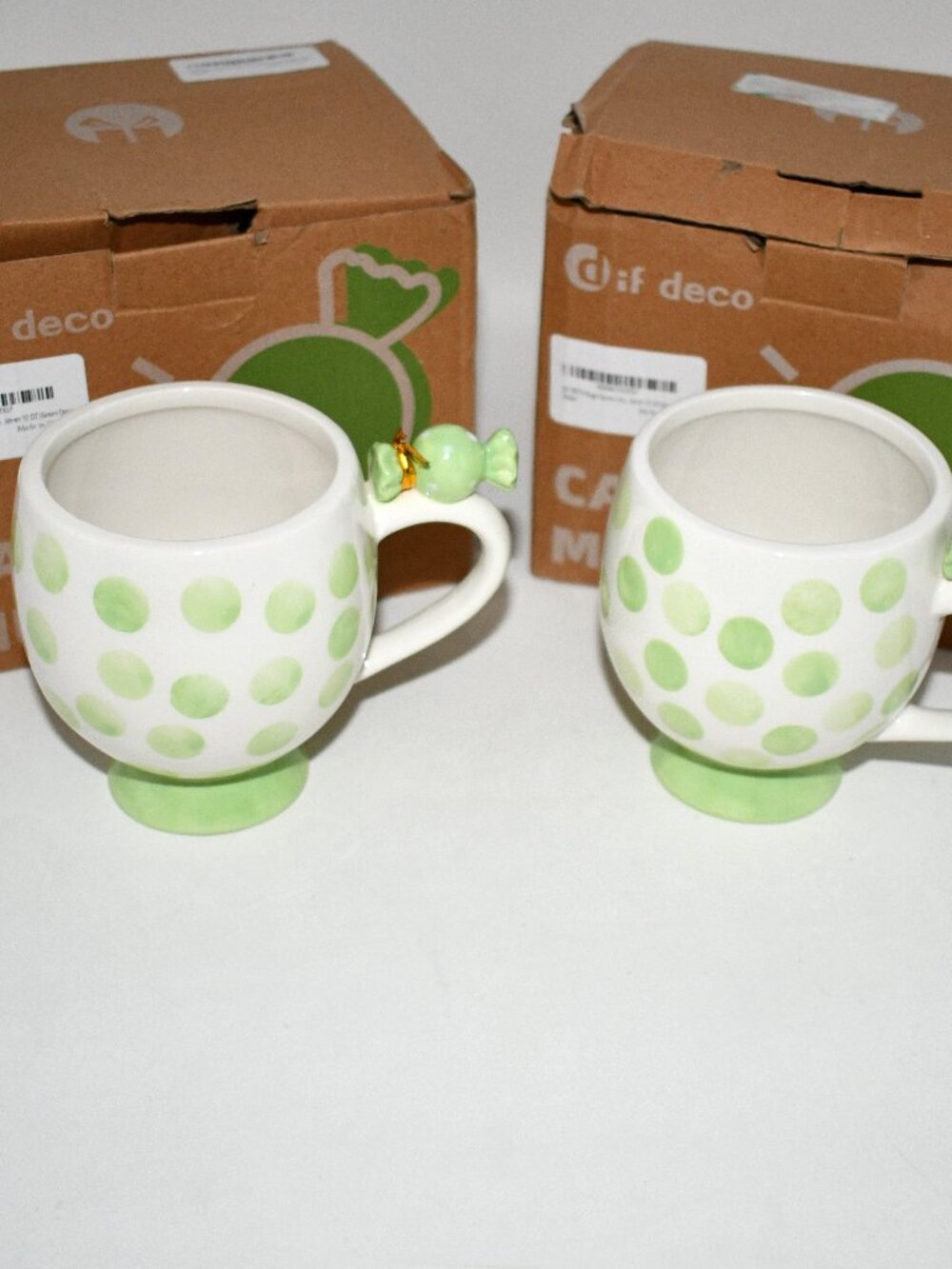 DIF DECO Candy Shape Ceramic Mugs Set of 2 Green Dots 12 OZ Handmade New